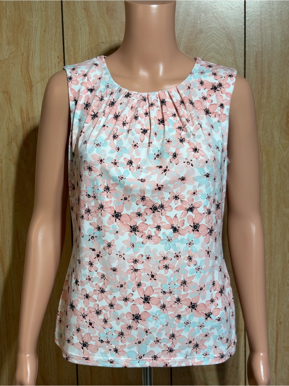 Calvin Klein Floral Pleated Neck Blouse - Pink & Aqua SZ - S